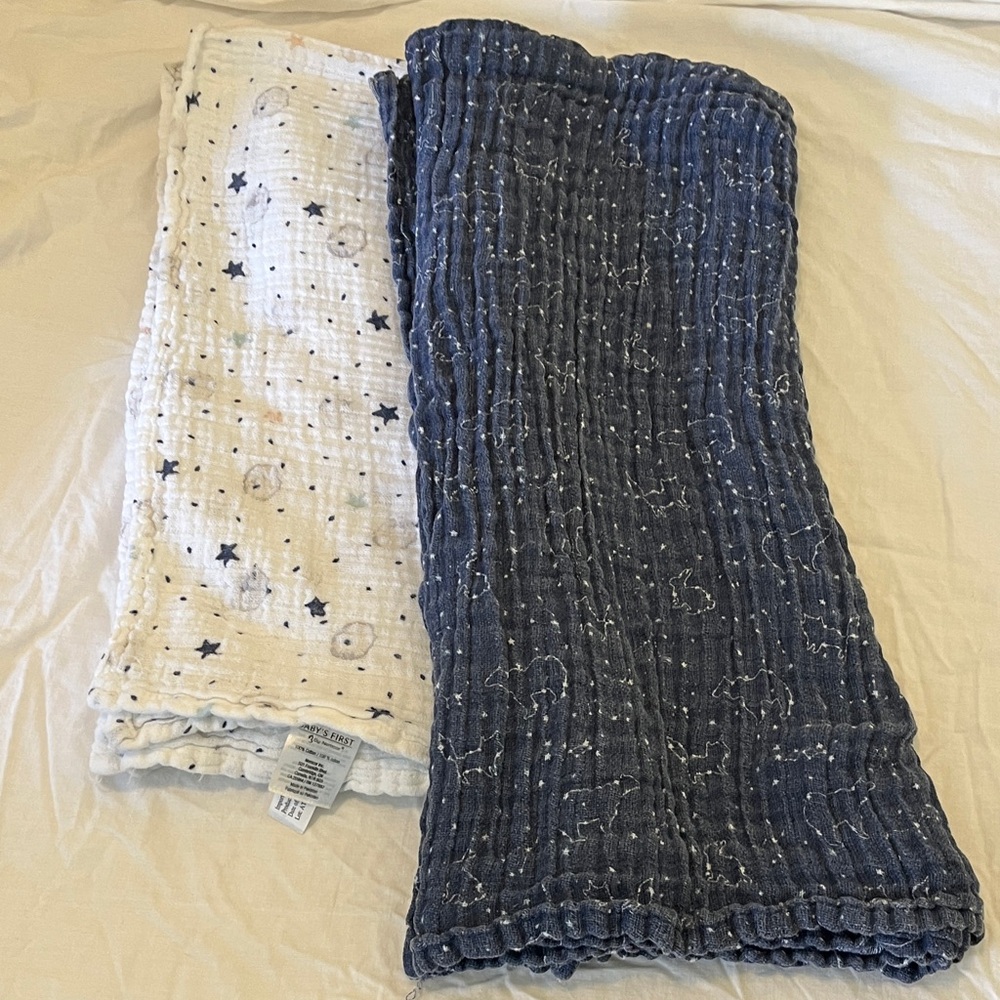 Blue and White Star Patterned Muslin Baby Blankets